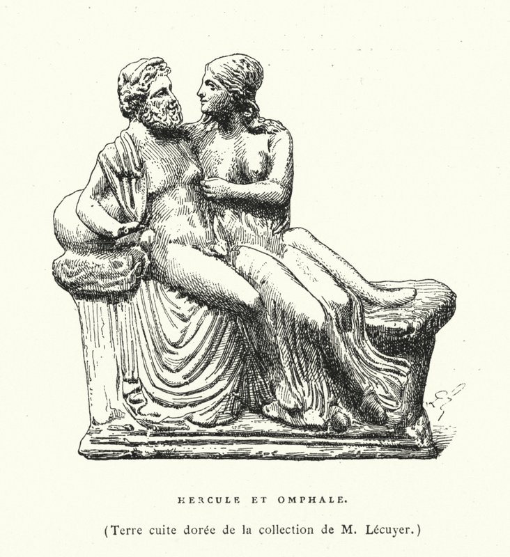 Gammel gresk terrakottaskulptur av Hercules og Omphale (gravering) av French School