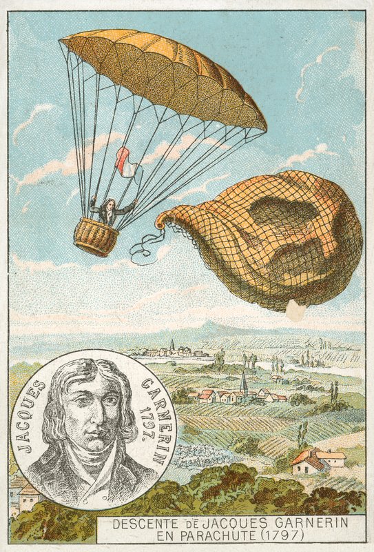Andre-Jacques Garnerin stiger ned fra en ballong med fallskjerm av French School