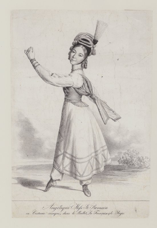 Angelique St Romain Mees i kosakkkostyme for balletten La Francaise et le Raja (litho) av French School