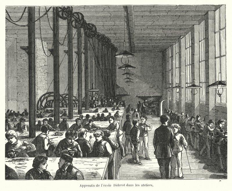 Lærlinger i verkstedene til Ecole Diderot i Paris, Frankrike (gravering) av French School