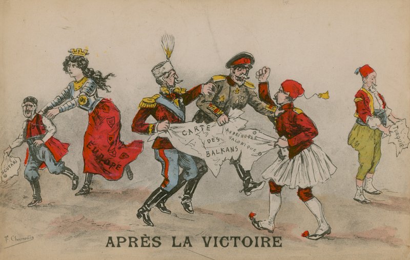 Apres La Victoire, politisk tegneserie om Balkan. Postkort sendt 14. juni 1913. av French School