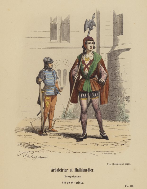 Crossbowman og Halberdier, burgundere, sent på 1400-tallet (farget gravering) av French School