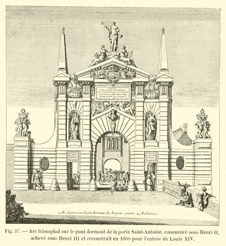 Triumfbue på den sovende broen til Saint-Antoine-porten, startet under Henri II, fullført under Henri III og gjenoppbygd i 1660 for inntreden av Louis XIV av French School