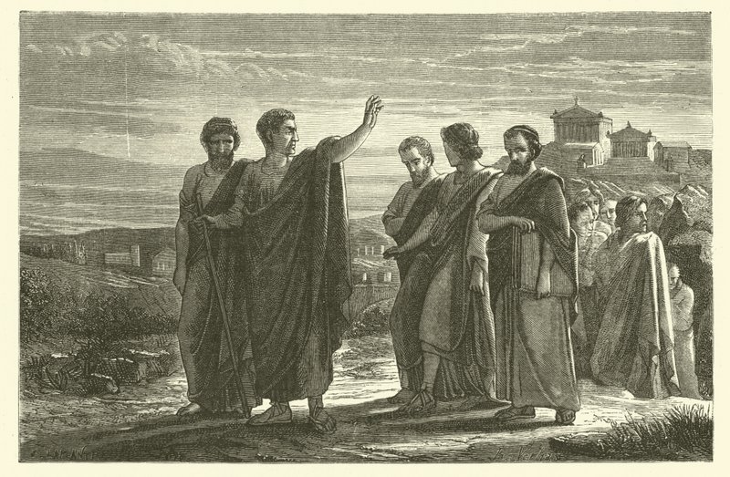 Aristoteles forvist fra Athen med disiplene (gravering) av French School