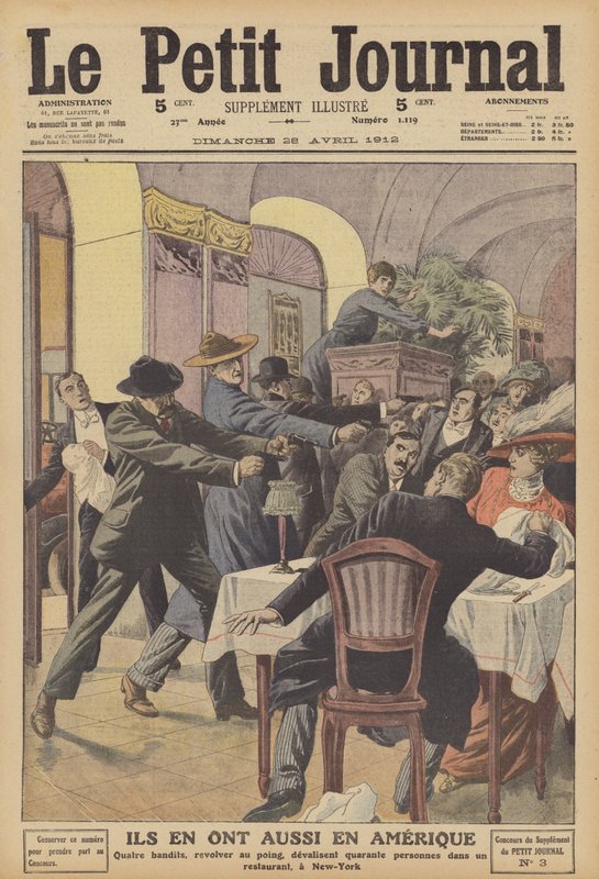 Væpnet ran i en restaurant i New York (farge litho) av French School