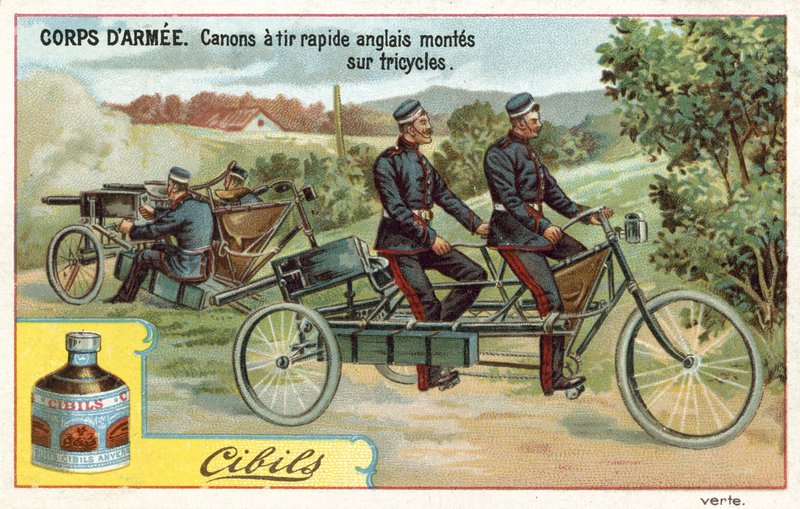 Army Corps - hurtigskytende engelske kanoner montert på trehjulssykler av French School