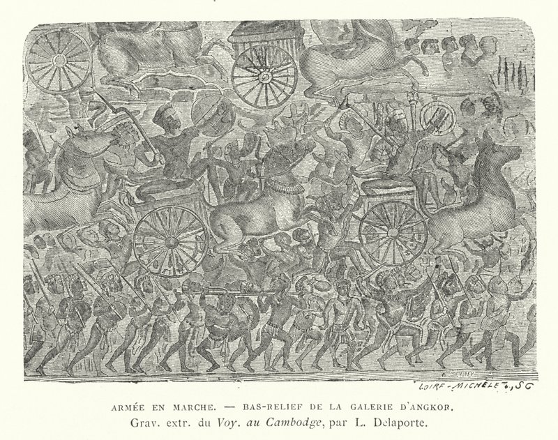 Hæren på marsj, basrelieff fra Angkor, Kambodsja (gravering) av French School