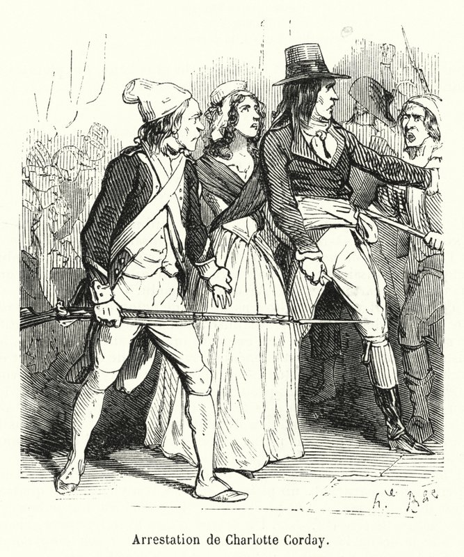 Arrestasjon av Charlotte Corday (gravering) av French School