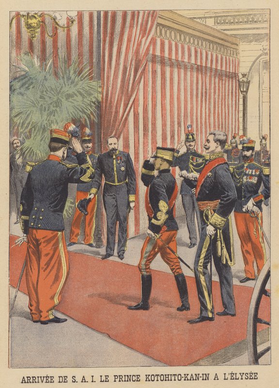 Ankomst av prins Kan'in Kotohito av Japan ved Elysee-palasset, Paris (farge litho) av French School