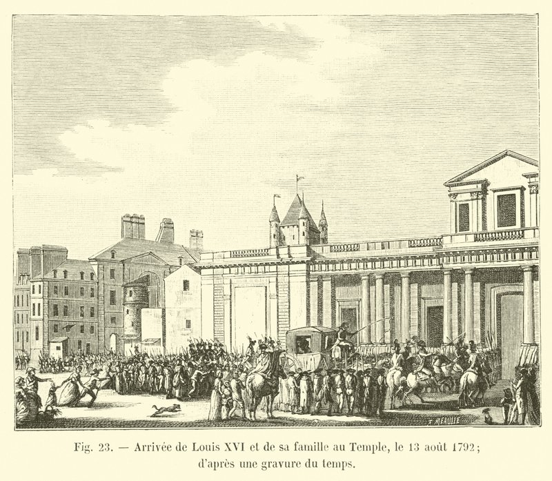 Ankomst av Ludvig XVI og hans familie til tempelet, 13. august 1792; fra en gravering av tid av French School