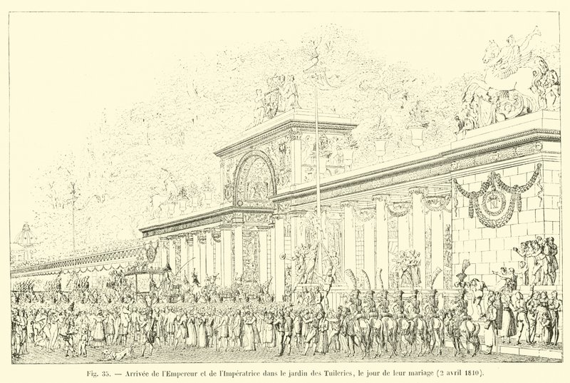 Ankomst av keiseren og keiserinnen i Tuileriehagen, på bryllupsdagen deres, 2. april 1810 av French School
