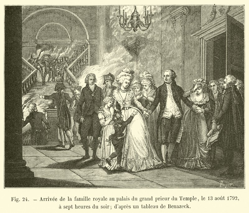 Ankomst av kongefamilien til palasset til tempelets storprior, 13. august 1792, klokken syv om kvelden; fra et maleri av Benazeck av French School