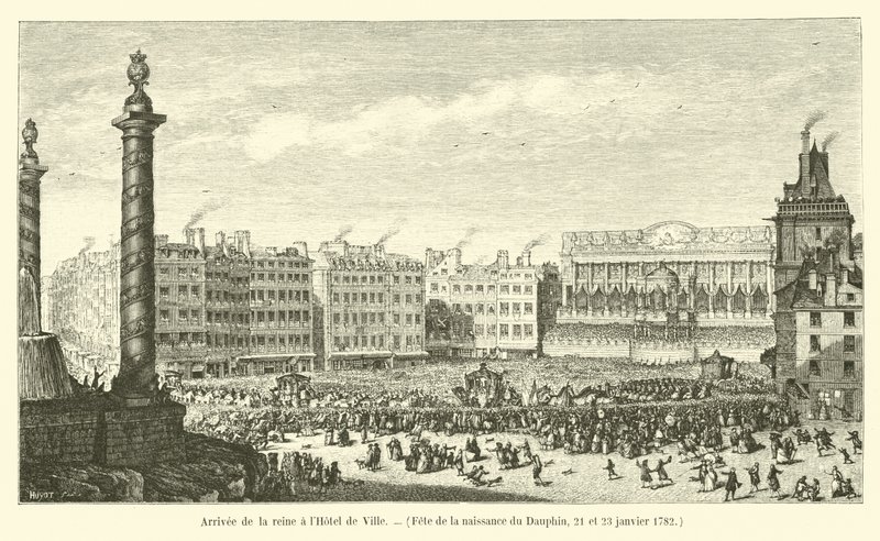 Dronningens ankomst til Hôtel de Ville, Dauphins fødselsdag, 21. og 23. januar 1782 av French School