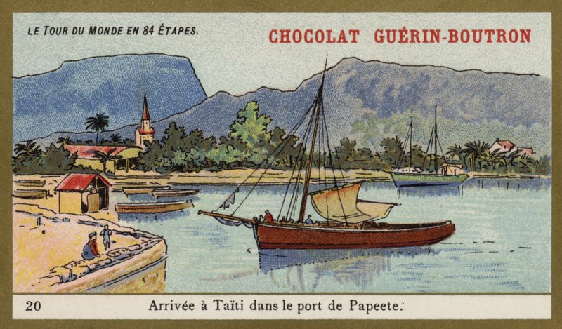 Ankommer havnen i Papeete, Tahiti (chromolitho) av French School