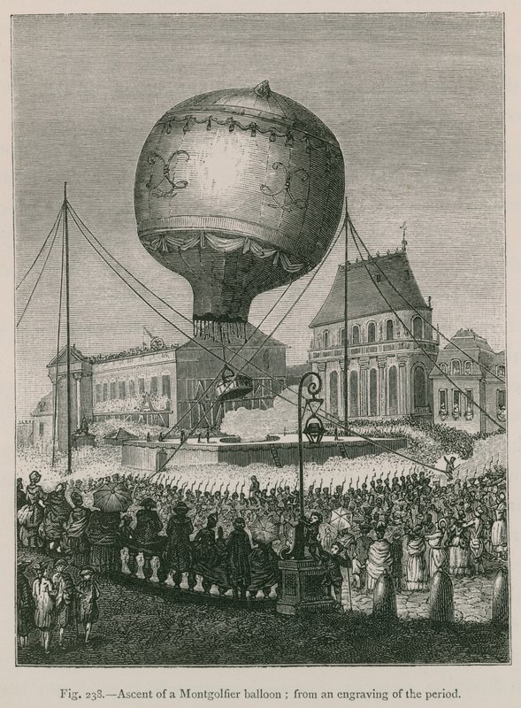 Bestigning av en Montgolfier-ballong; fra en graveringer av perioden av French School