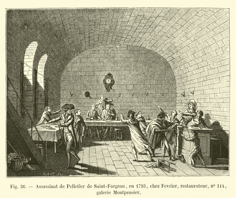 Attentatet på Pelletier de Saint-Fargeau, i 1793, ved Fevrier, restauratør, nr. 114, Montpensier-galleriet av French School