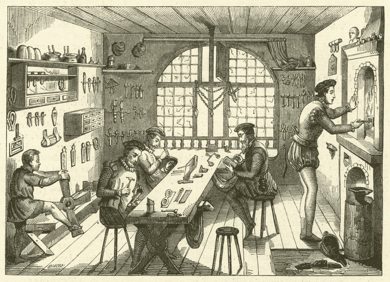 Verksted til Etienne de Laulne, kjent som Stephanus, gullsmed fra det sekstende århundre (gravering) av French School