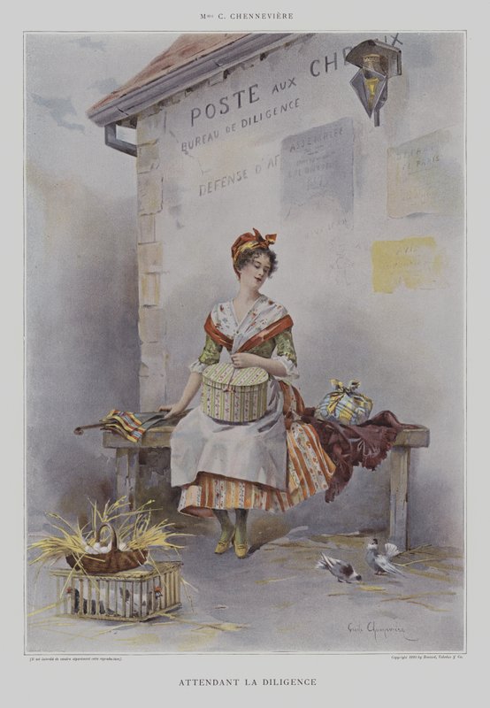 Attendant la Diligence (Waiting for the Stagecoach) (farge litho) av French School