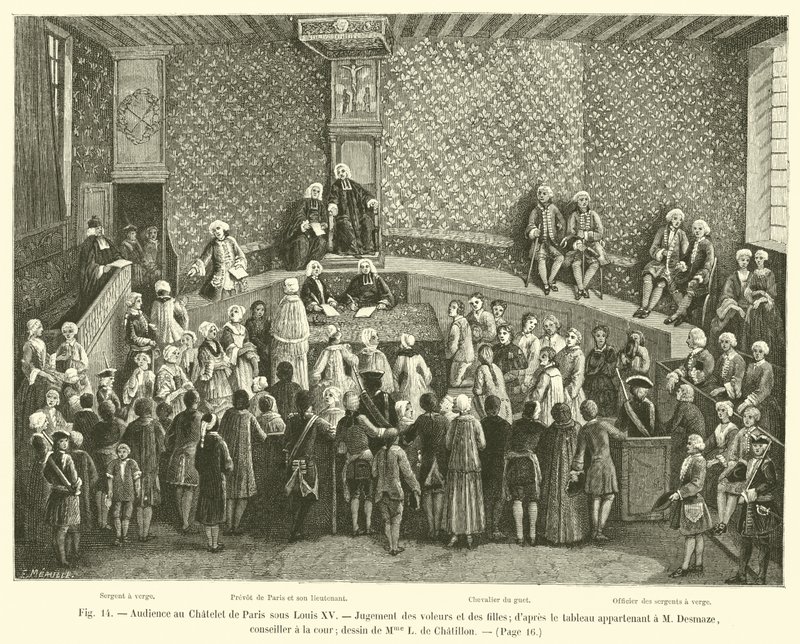 Publikum på Chatelet i Paris under Ludvig XV, dom over tyver og jenter; fra maleriet som tilhører M Desmaze, rådgiver ved retten; tegning av Mme L de Chatillon av French School