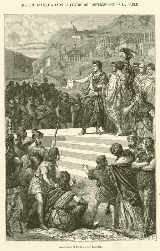 Augustus etablerer senteret for regjeringen i Gallia i Lyon (gravering) av French School