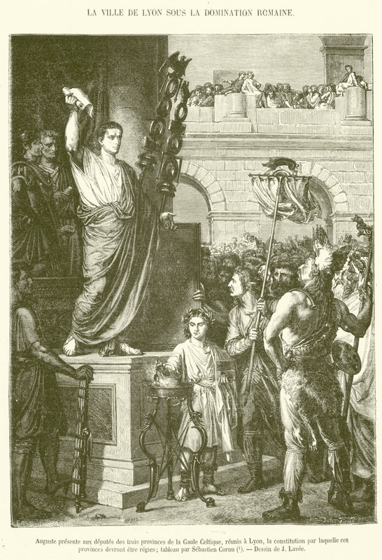 Augustus presenterer for varamedlemmene i de tre provinsene i Celtic Gallia, som møtes i Lyon, grunnloven som disse provinsene skal styres etter (gravering) av French School