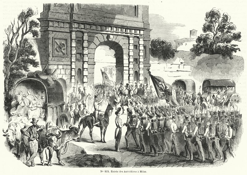 Østerrikske tropper kommer inn i Milano, Italia, 6. august 1848 (gravering) av French School