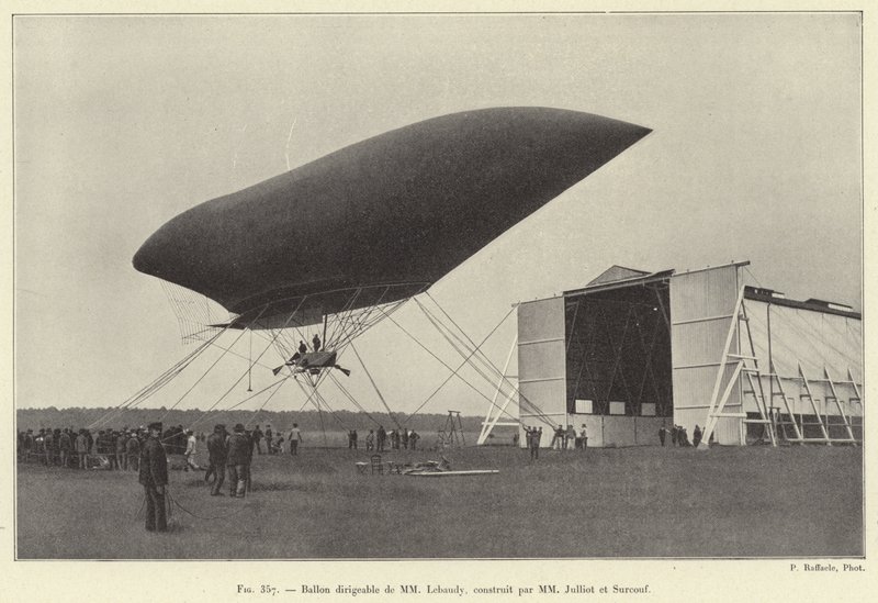 Dirigible ballong av MM Lebaudy, bygget av MM Julliot og Surcouf (gravering) av French School