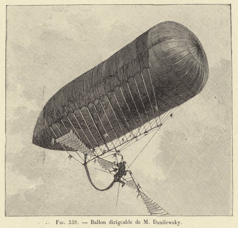 Dirigible ballong av M Danilewsky (gravering) av French School