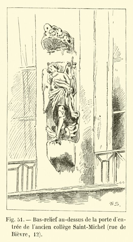 Basrelieff over inngangsdøren til det tidligere Saint-Michel college, rue de Bievre, 12 av French School