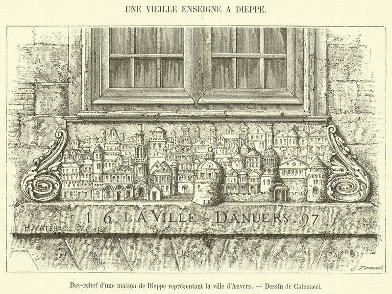 Bas-relieff av et hus i Dieppe som representerer byen Antwerpen (gravering) av French School