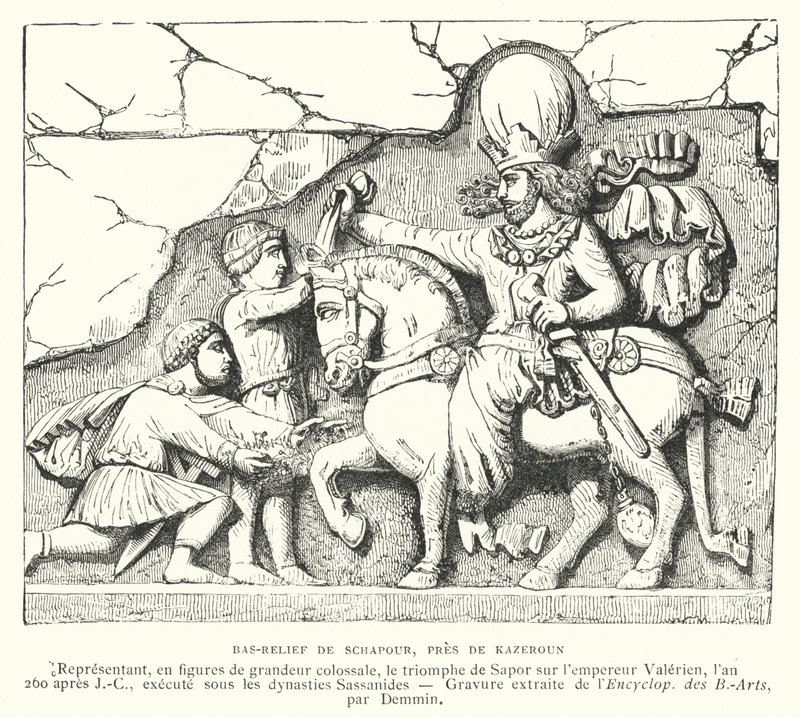 Basrelieff nær Kazerun, Iran, som viser seieren til den sasaniske kongen Shapur I over den romerske keiseren Valerian i slaget ved Edessa, 260 (gravering) av French School