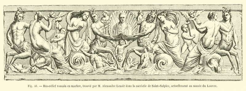 Romersk basrelieff i marmor, funnet av M Alexandre Lenoir i sakristiet Saint-Sulpice, for tiden i Louvre-museet av French School