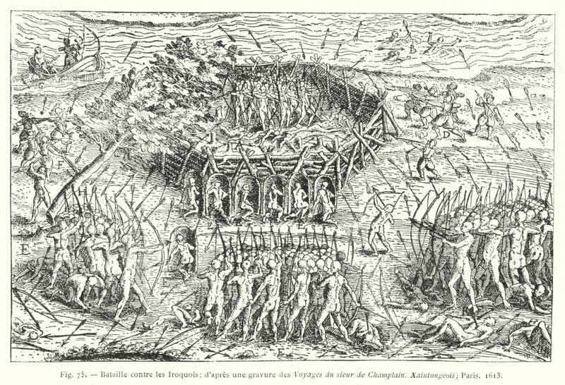 Kamp mot Iroquois; etter en gravering fra Travels of Sieur de Champlain, Xaintongeois, Paris av French School