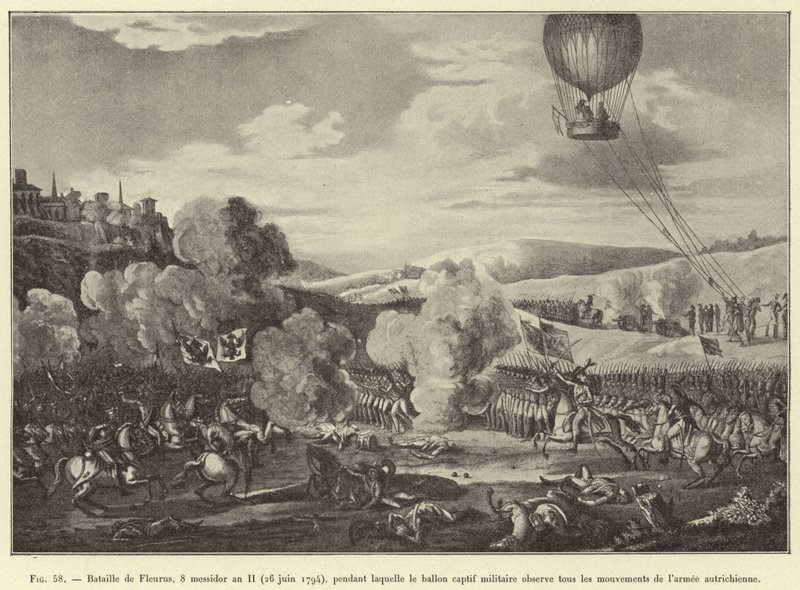 Slaget ved Fleurus, 8. Messidor år II (26. juni 1794), der den fangede militærballongen observerer alle bevegelsene til den østerrikske hæren (gravering) av French School