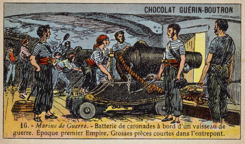 Batteri av karronader om bord på et fransk krigsskip fra det første imperiet, tidlig på 1800-tallet (chromolitho) av French School