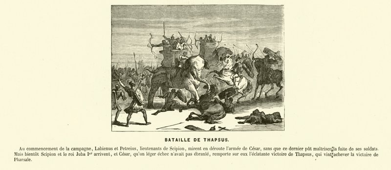 Slaget ved Thapsus, Nord-Afrika, Cæsars borgerkrig, 46 f.Kr. (gravering) av French School