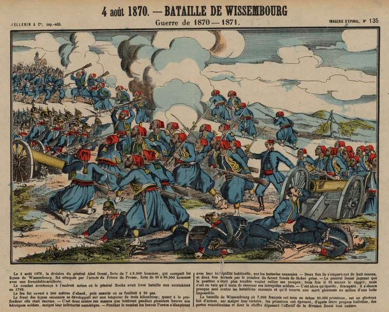 Slaget ved Wissembourg, fransk-prøyssisk krig, 4. august 1870 (farget gravering) av French School