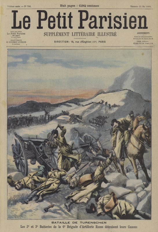 Slaget ved Yalu-elven, russisk-japansk krig (farge litho) av French School