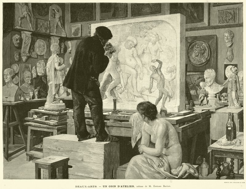 Fine Arts, A Workshop Corner, maleri av M Edouard Dantan (gravering) av French School