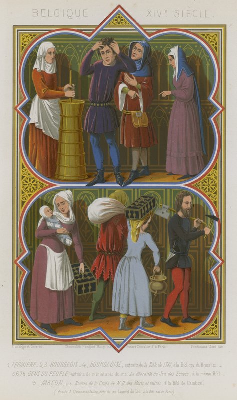 Belgiske 1300-tallsskildringer av gårdsarbeidere, borgerskap, allmuen og en murer av French School