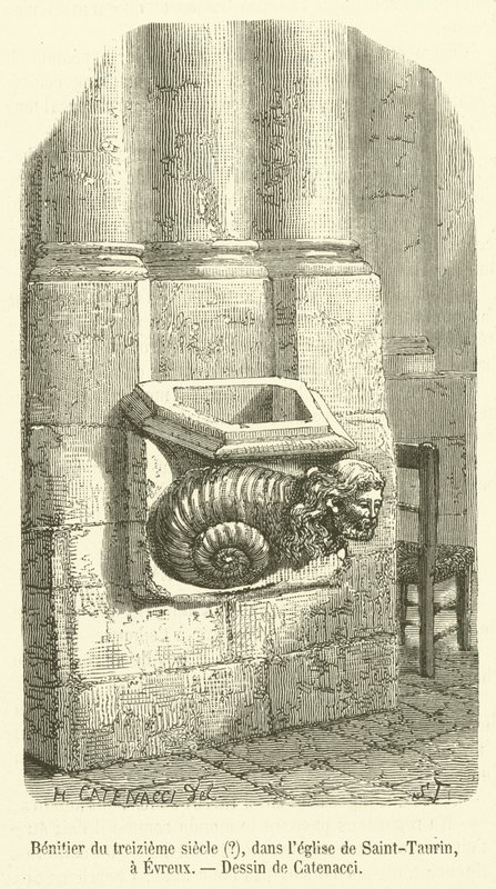 Benitier fra det trettende århundre?, i kirken Saint-Taurin, i Evreux (gravering) av French School