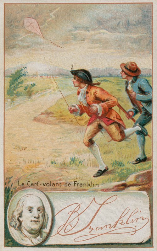 Benjamin Franklin flyr en drage som blir truffet av lynet av French School
