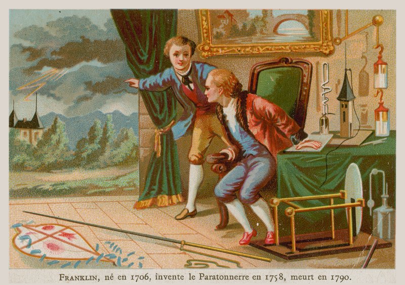 Benjamin Franklin, oppfinner av lynavlederen og en av grunnleggerne av USA (1706-1790) av French School