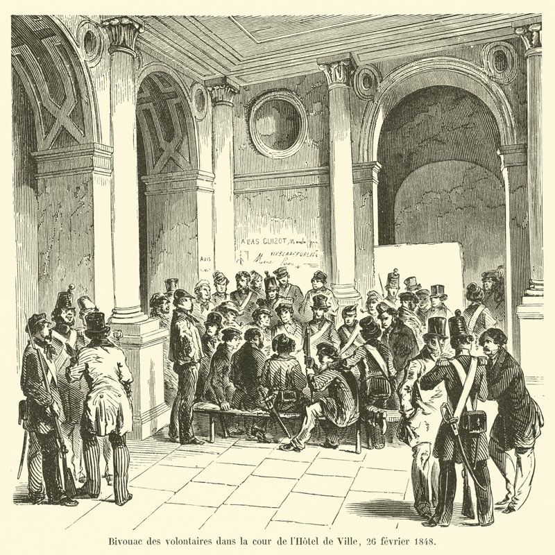 Bivuakk av de frivillige på gårdsplassen til Hôtel de Ville, 26. februar 1848 av French School