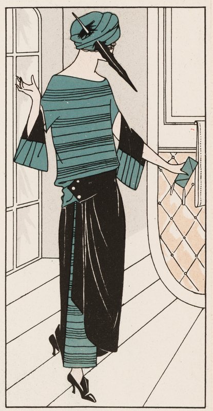 Svart og turkis Crepe de Chine-kjole fra 1920-tallet (fargelitografi) av French School