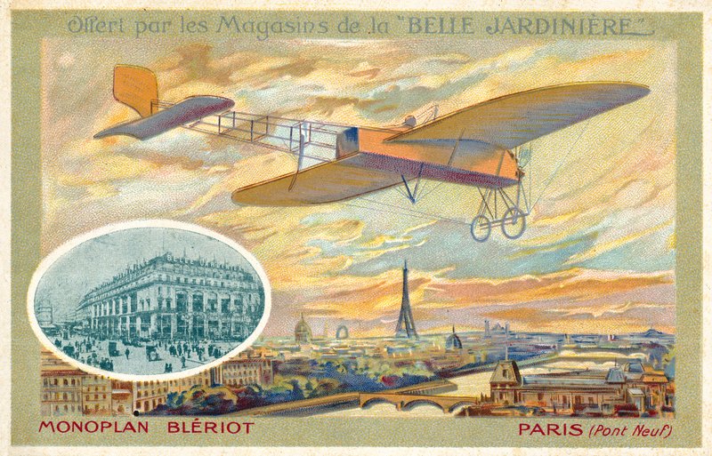 Bleriot monoplan og utsikt over Paris som viser Pont Neuf (chromolitho) av French School