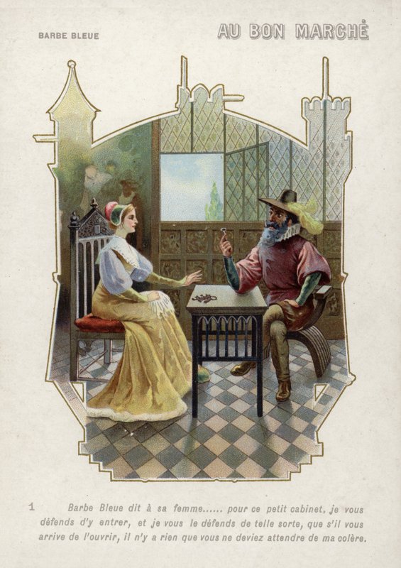 Blåskjegg forbyr kona å gå inn på rommet hans (chromolitho) av French School