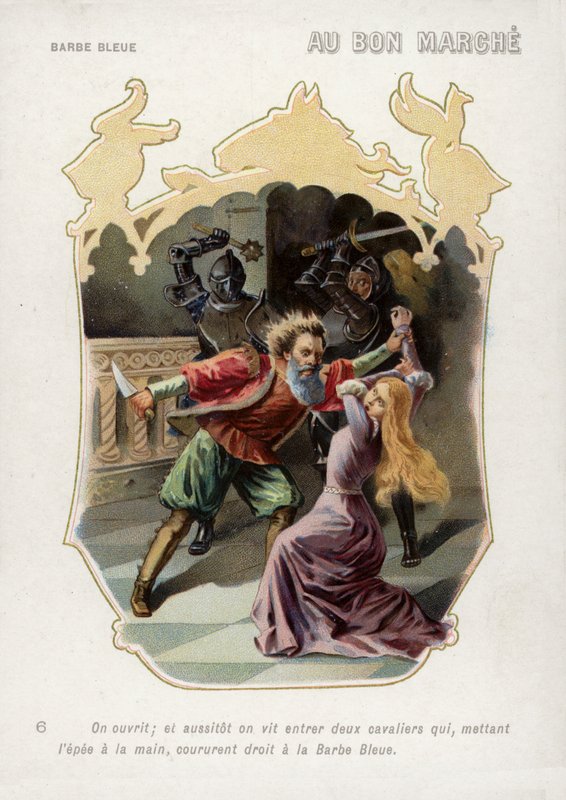 Bluebeards kone blir reddet fra døden ved ektemannens hånd ved ankomsten av brødrene hennes (chromolitho) av French School