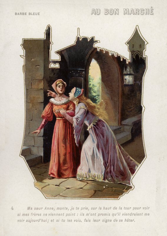 Kona til Blåskjegg ber søsteren hennes, Anne, om å klatre opp i slottets tårn og se etter brødrene hennes (chromolitho) av French School