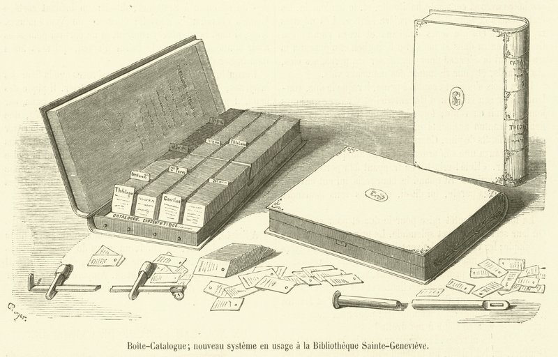 Katalogboks, nytt system i bruk på Bibliotheque Sainte-Genevieve (gravering) av French School